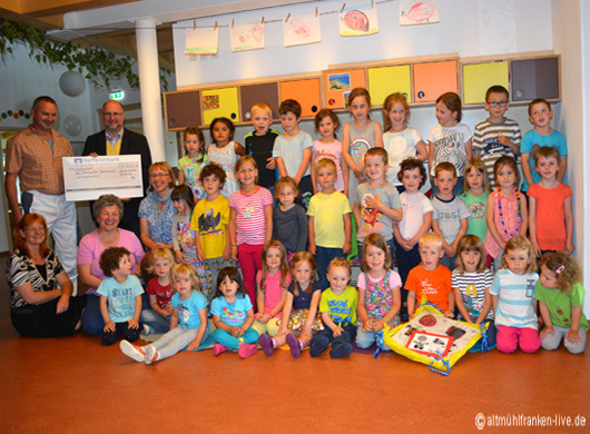 Mlermeister Roland Giesa überreichte Pfarrer Thomas Schwab und dem Kindergartenteam einen Scheck von 500 Euro